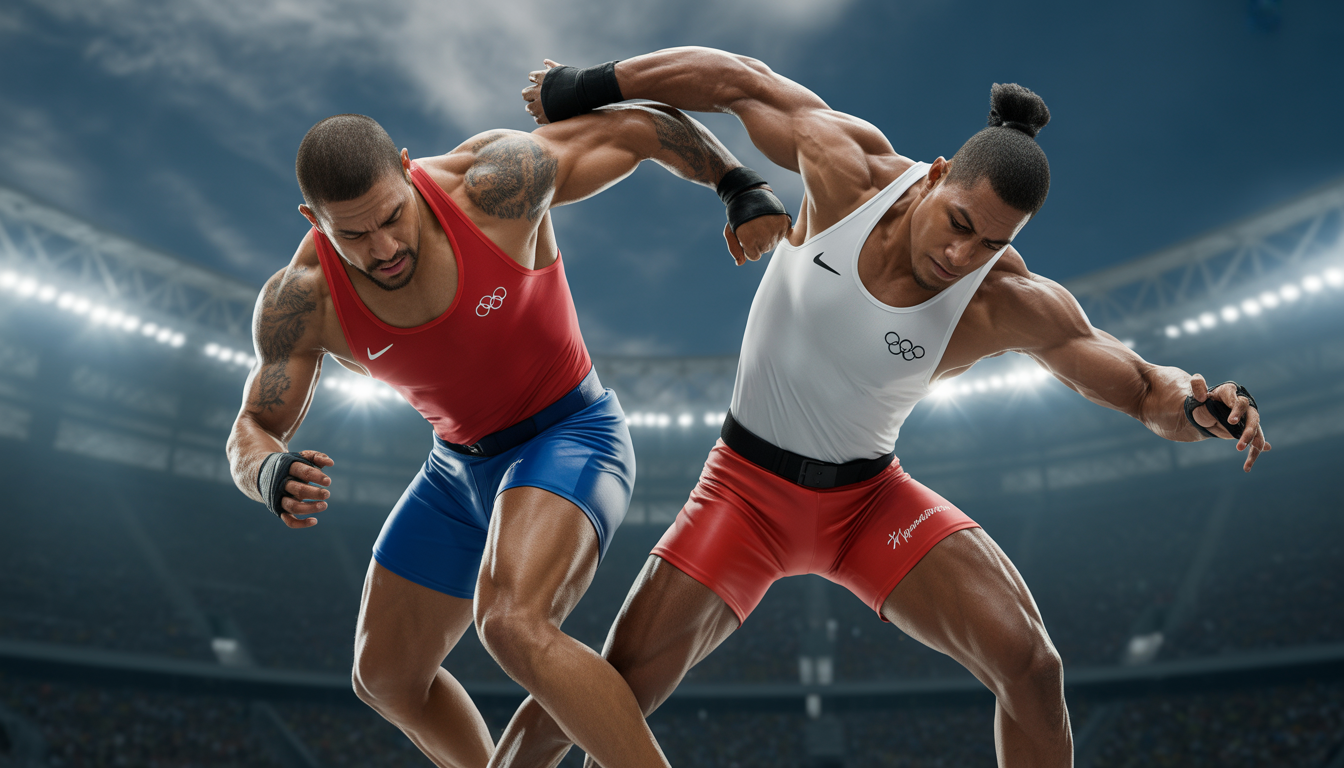 Deux athlètes olympiques en plein combat dans un stade