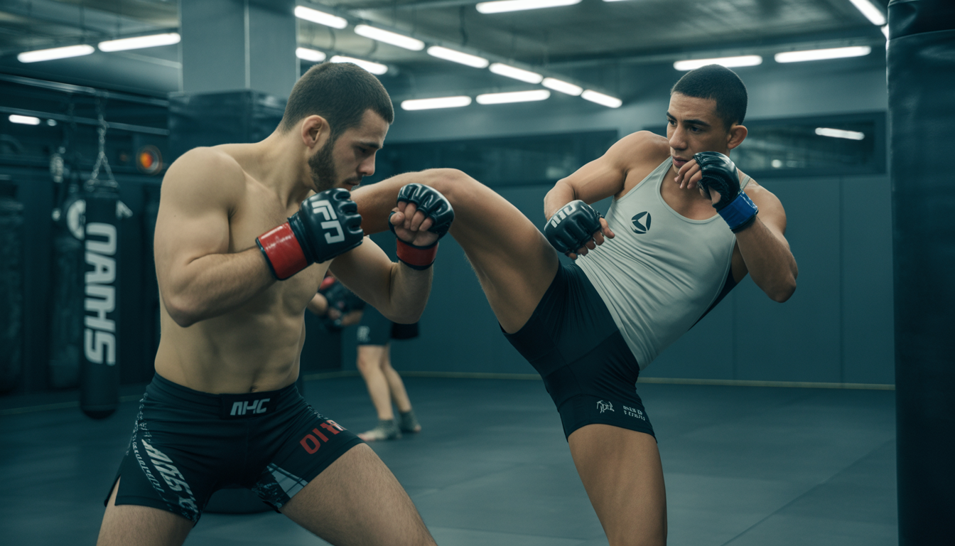 MMA fighters sparring in a Paris gym with coach watching