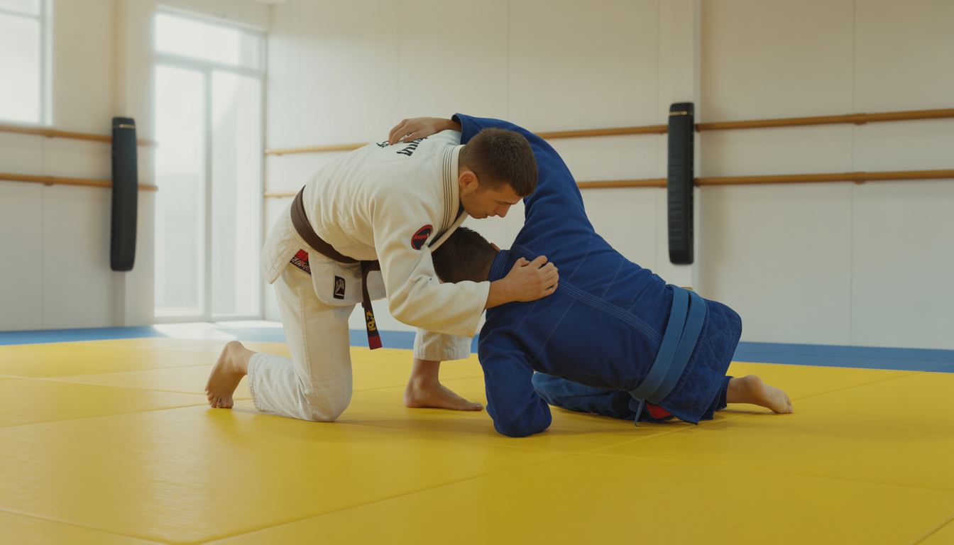 Pratiquants de jiu-jitsu s'entraînant sur tatami dans un dojo clair