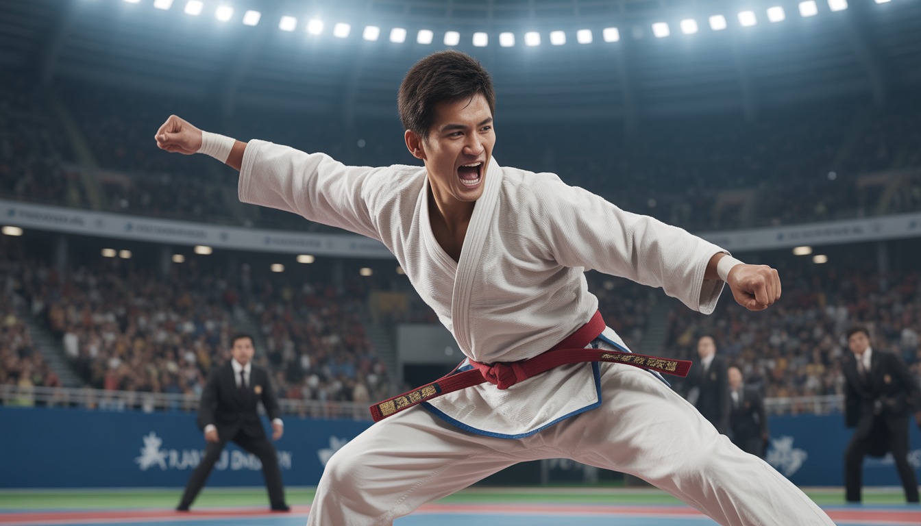 Martial artist performing dynamic move in traditional uniform with cheering crowd