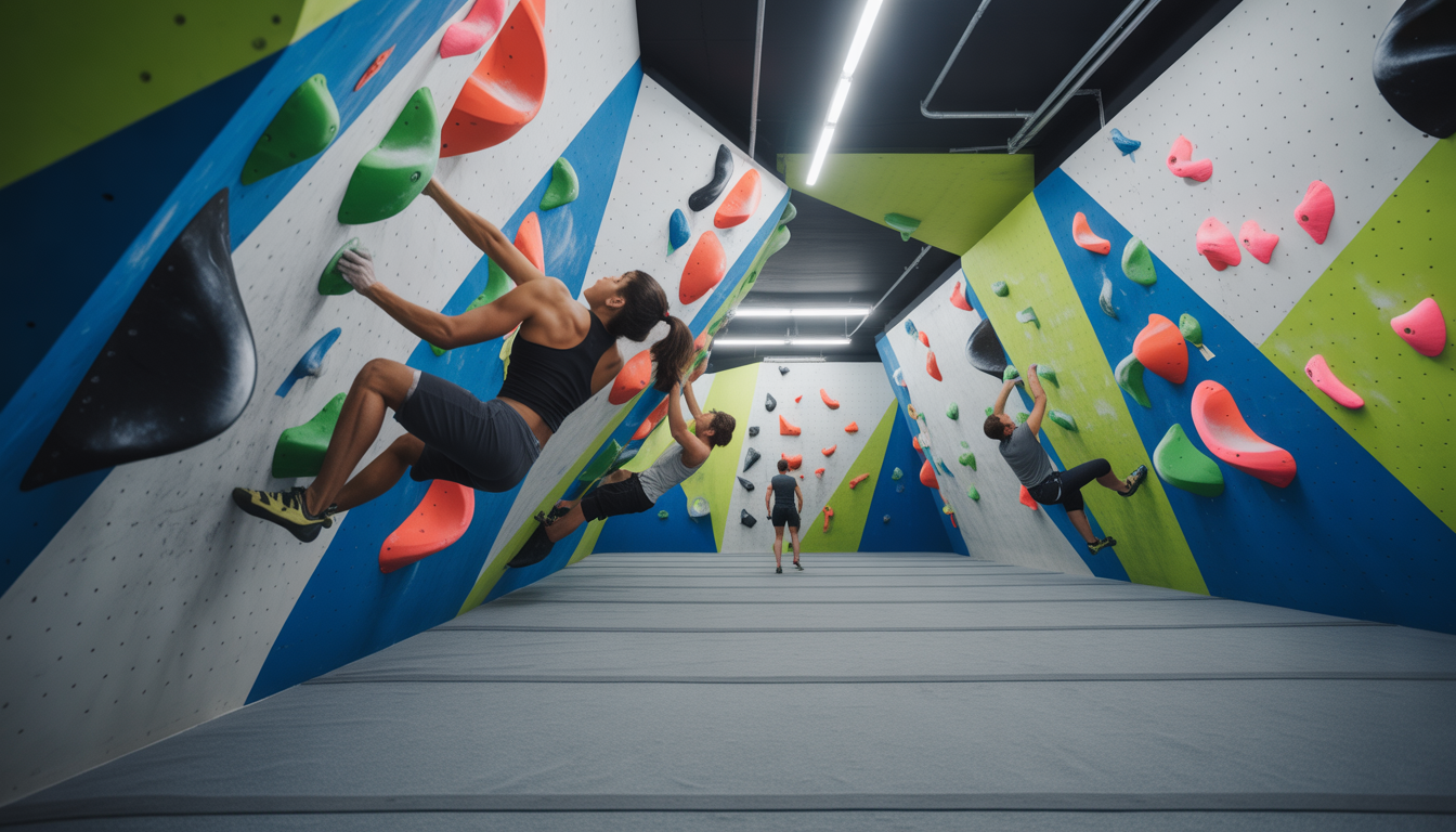 Athlètes s'entraînant dans une salle d'escalade intérieure colorée