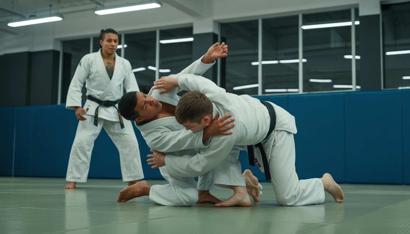 Artistes martiaux s’affrontant dans un dojo parisien moderne