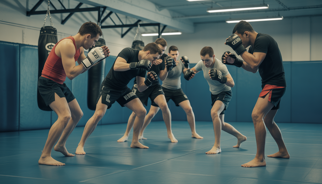 Groupe de débutants en MMA s'entraînant dans une salle à Paris avec un coach