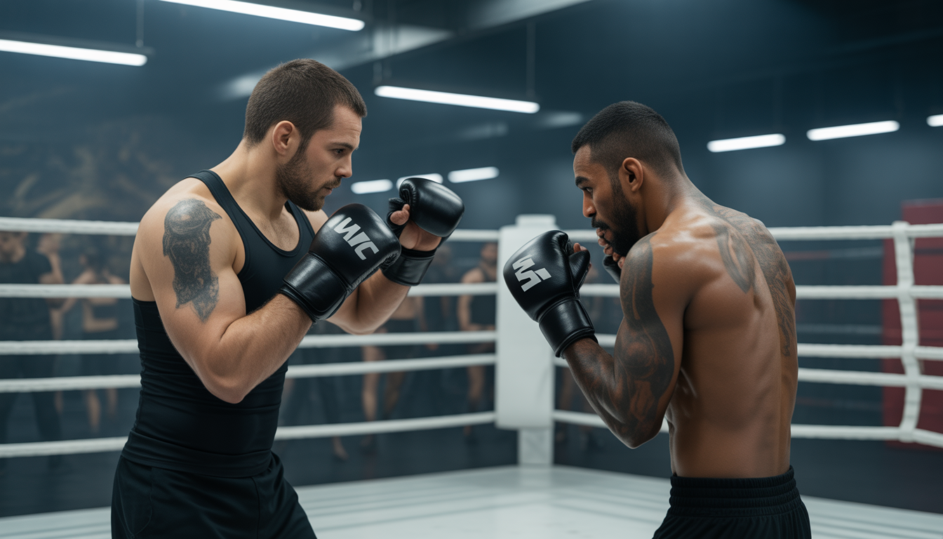 Coach MMA entraînant des combattants dans une salle parisienne moderne