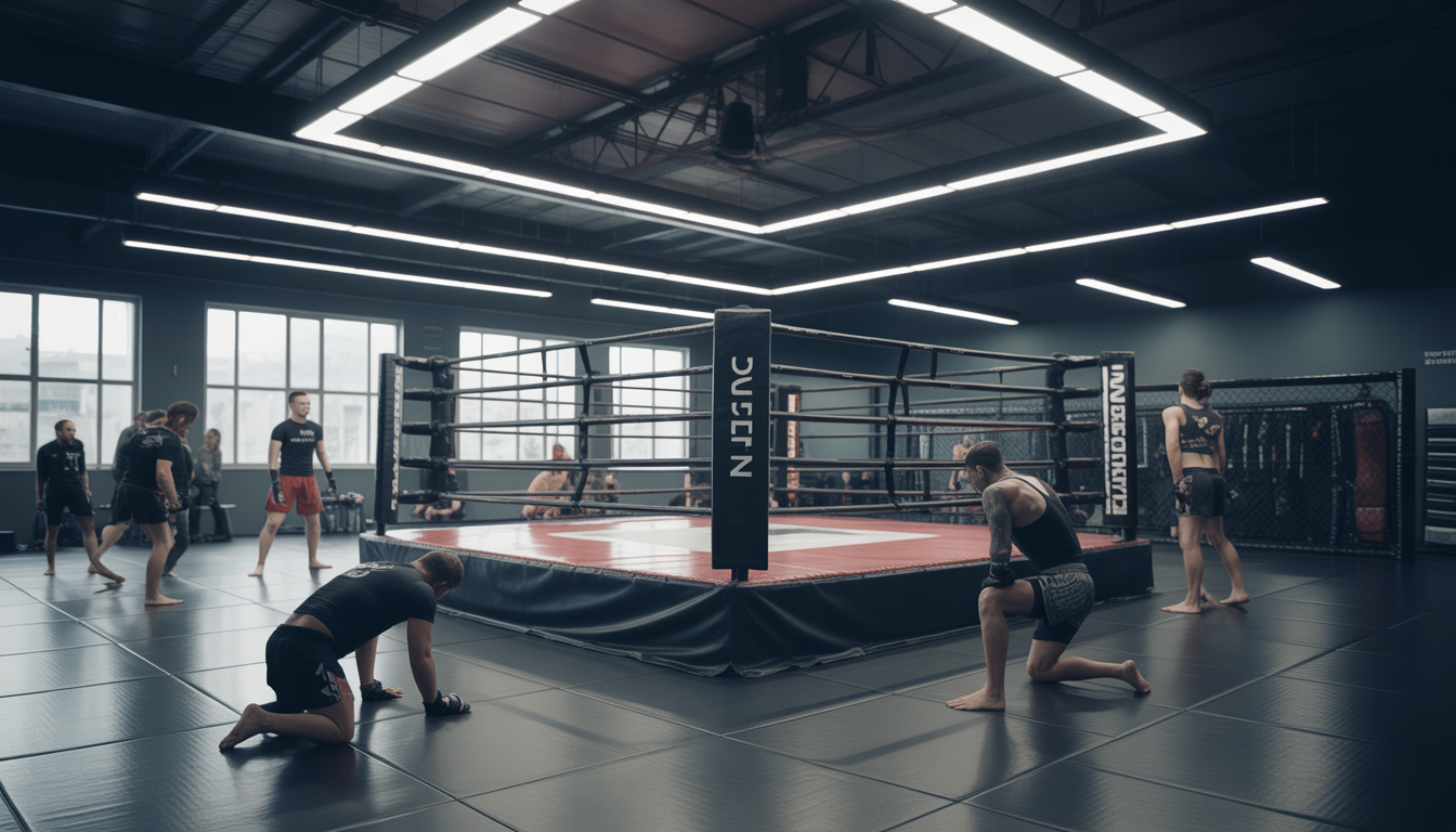Intérieur photoréaliste d'une salle de MMA à Paris avec ring et athlètes à l'entraînement