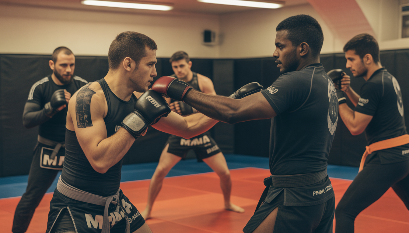 Pratiquants de MMA s'entraînant dans un dojo parisien sous supervision