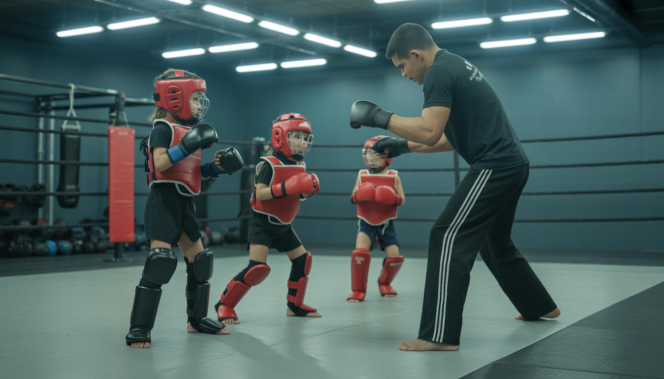 Jeunes enfants pratiquant le MMA avec un coach dans une salle lumineuse