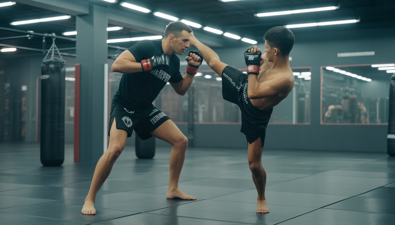 Coach de MMA formant un élève dans une salle de sport à Paris