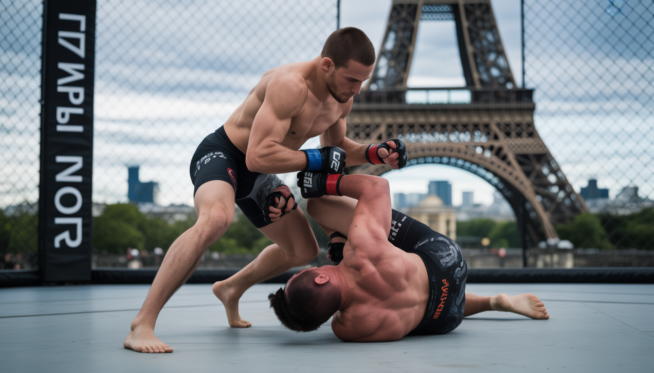 Combattant MMA en action au sol dans une cage avec Paris en fond