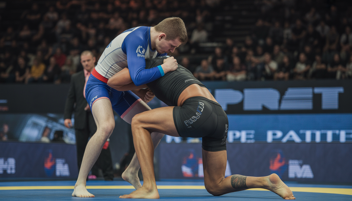 Deux athlètes en combat No-Gi dans une arène intérieure à Paris