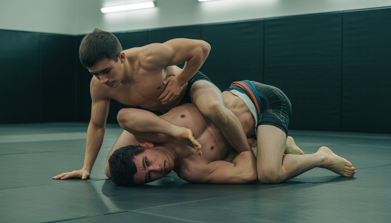 Deux athlètes s'affrontent au sol dans un gymnase à Paris