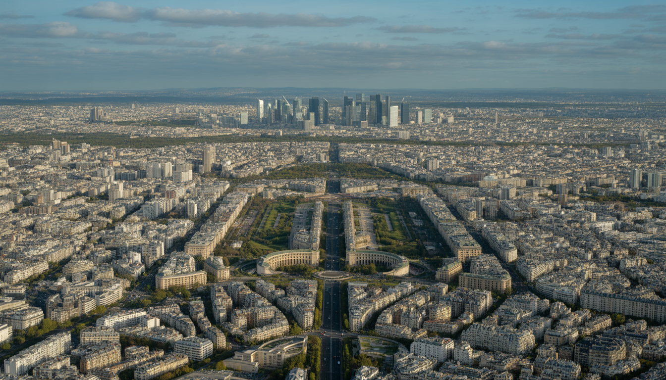 Photorealistic aerial view of Paris showing dense center and suburbs