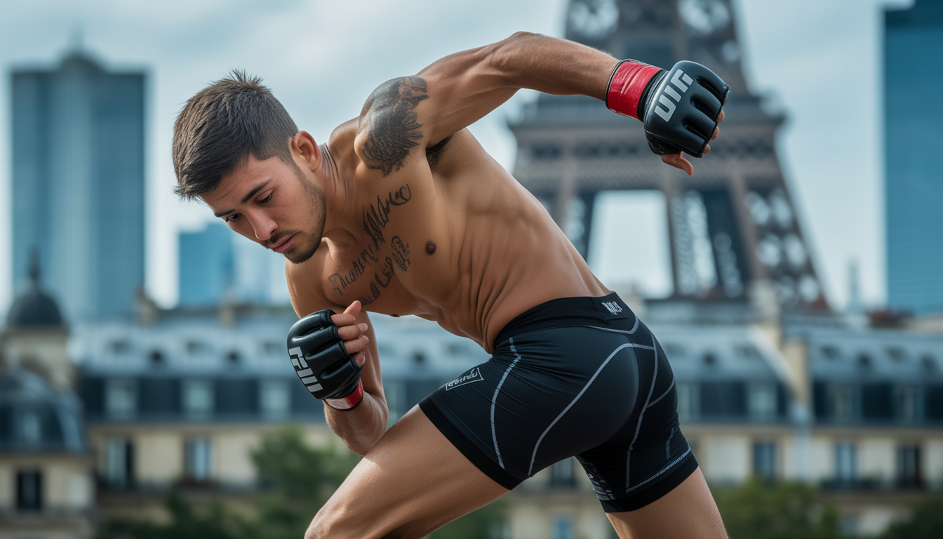 Combattant de MMA défendant une projection dans un décor urbain parisien