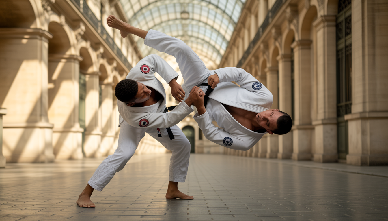 Deux combattants de jiu-jitsu en pleine action dans un passage parisien historique