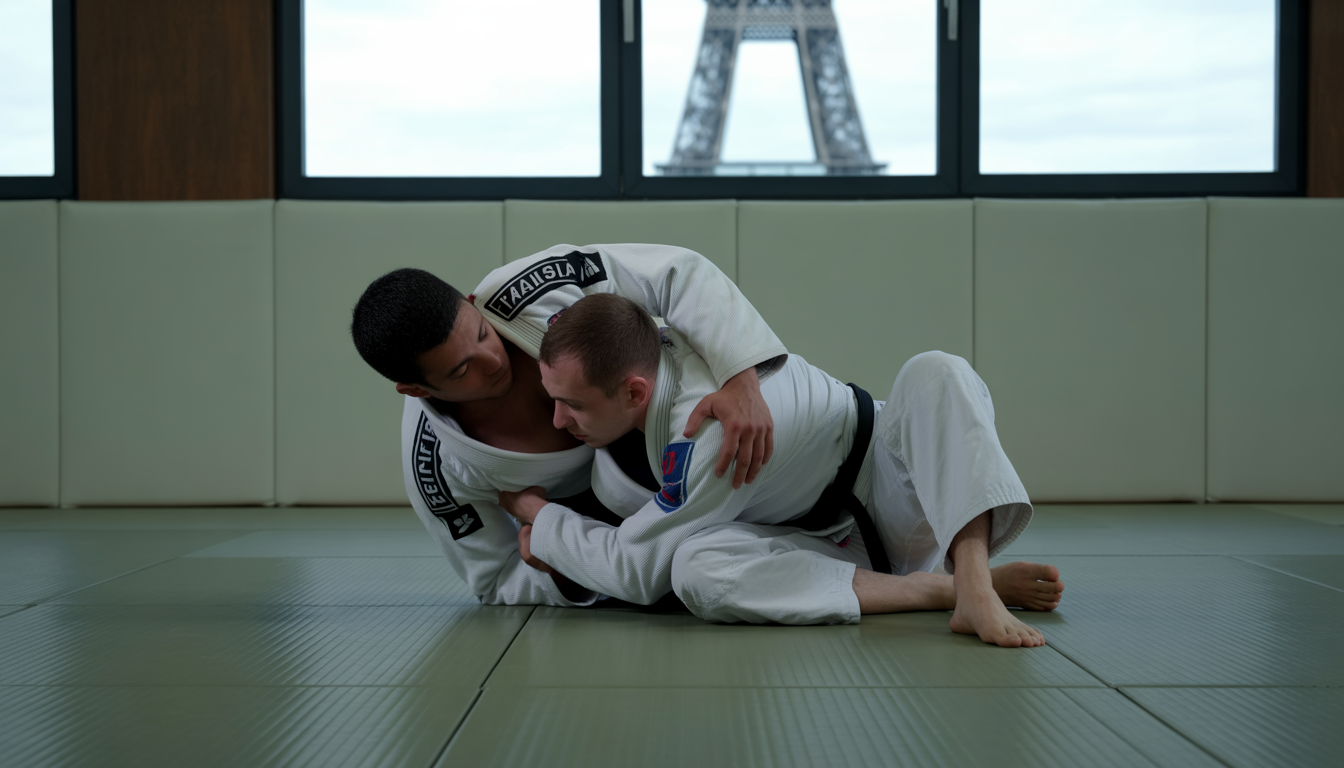Deux athlètes de Jiu-Jitsu brésilien dans un dojo parisien, l'un appliquant un étranglement triangulaire