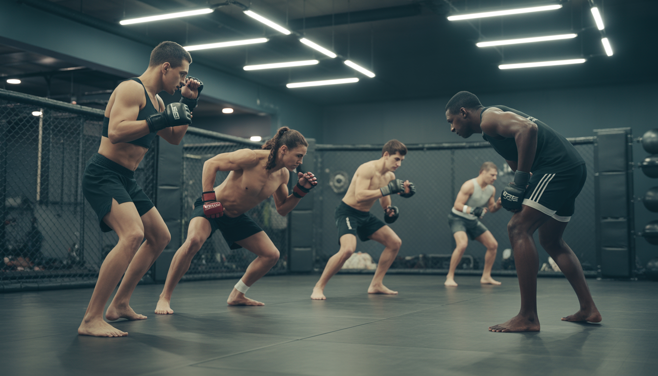 Groupe de débutants en MMA s'entraînant dans une salle moderne à Paris avec un coach professionnel