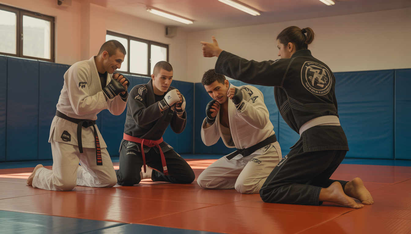 Débutants en MMA s'entraînant avec un coach dans un dojo à Paris