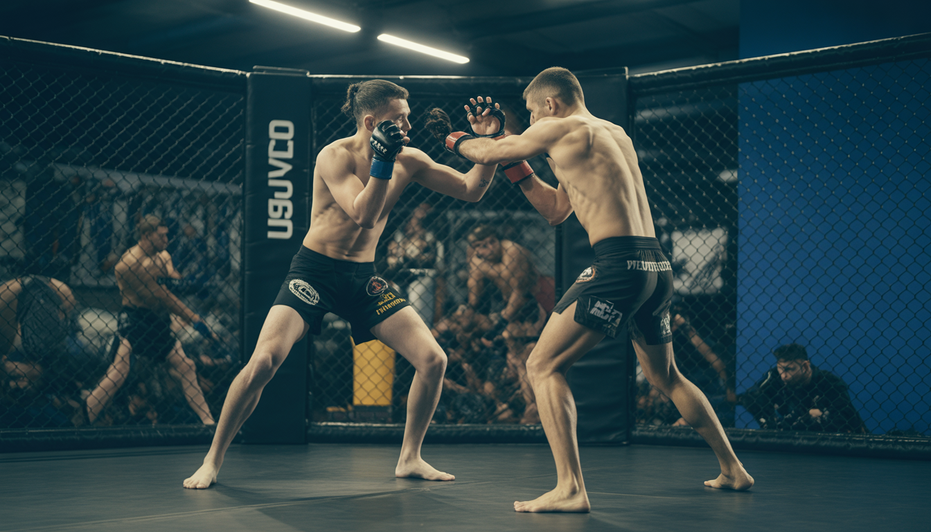 Deux combattants de MMA s'entraînent dans une cage octogonale