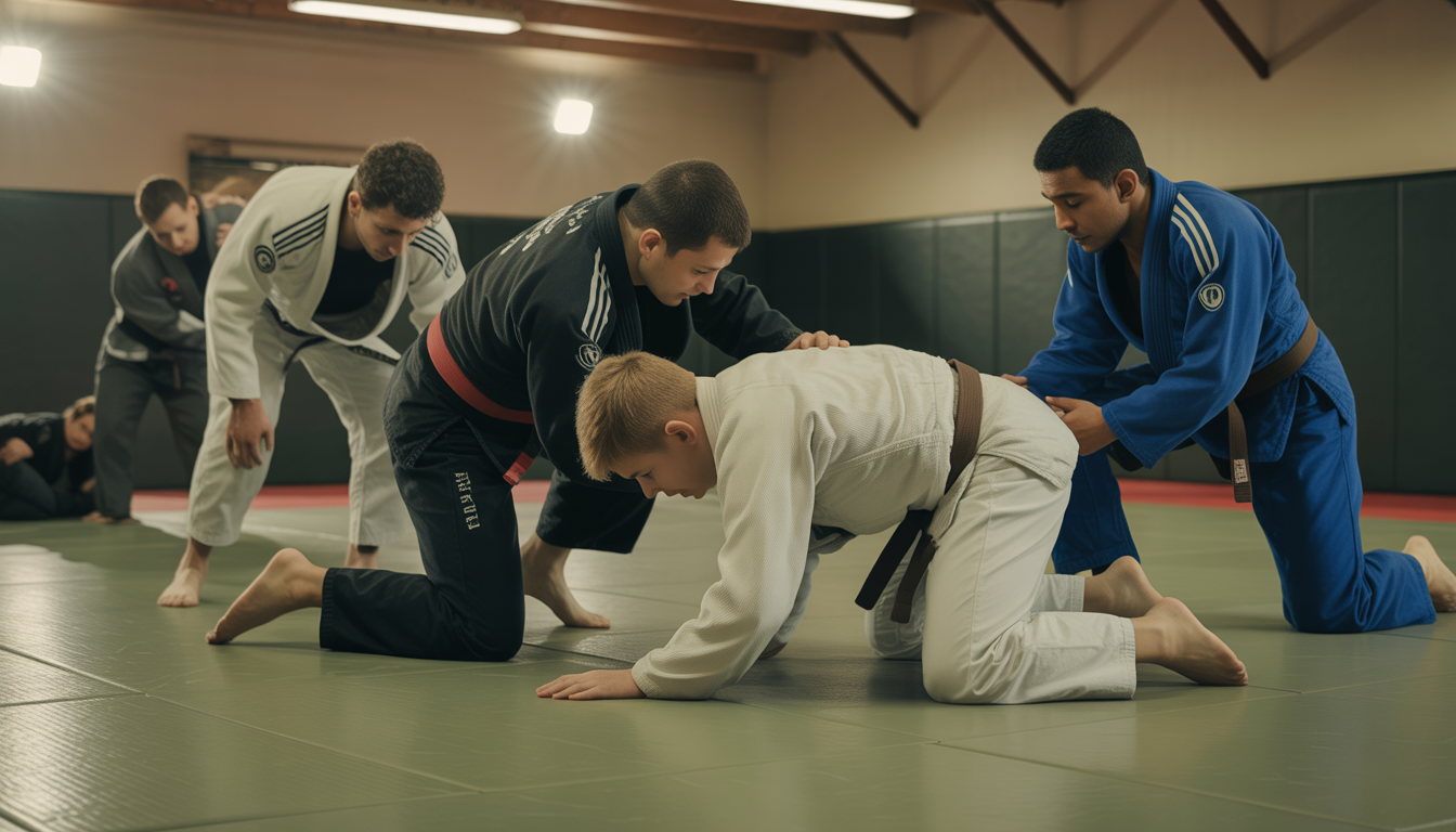 Élèves débutants en grappling s'entraînant dans un dojo parisien