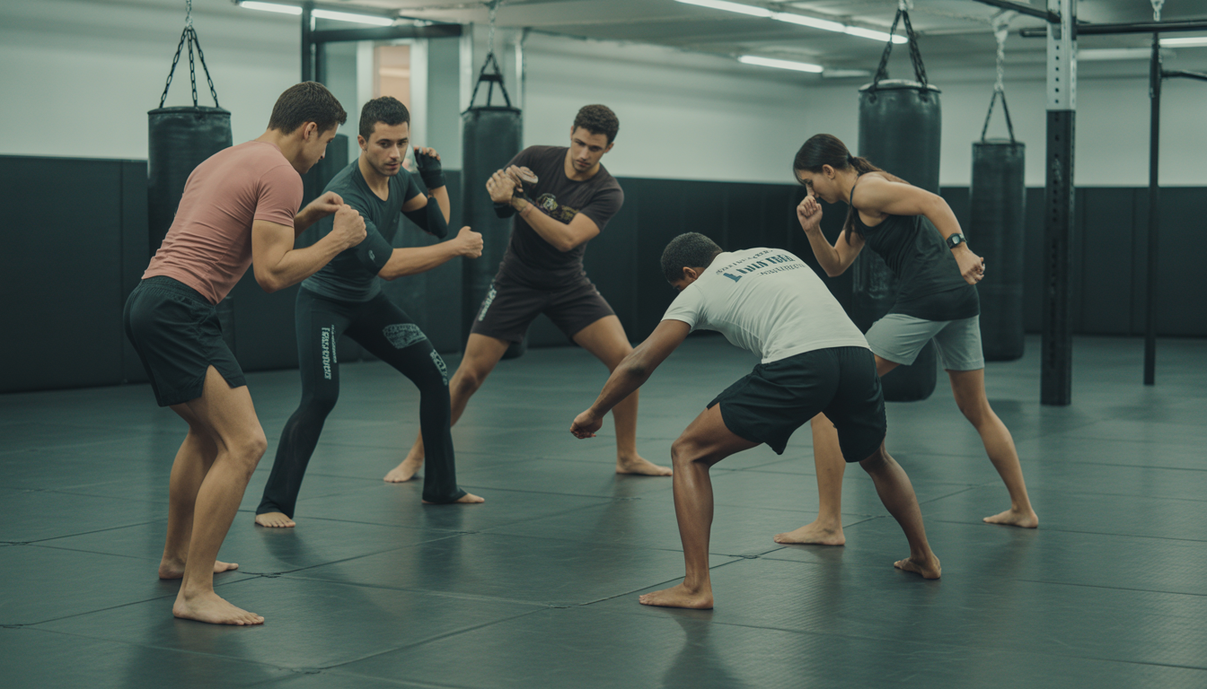 Débutants pratiquant la Luta Livre sur tapis avec coach à Paris