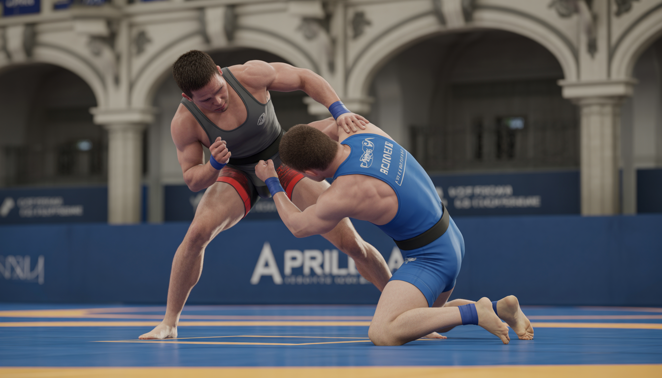 Athlètes de grappling en plein combat sur tapis de compétition