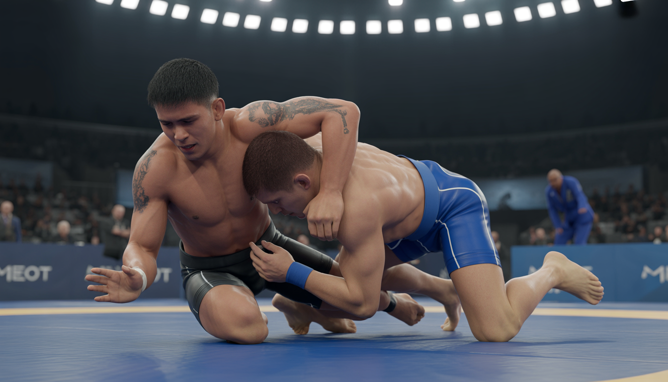 Deux athlètes masculins s'affrontent sur un tapis de compétition en tenue no gi dans une arène sportive intérieure