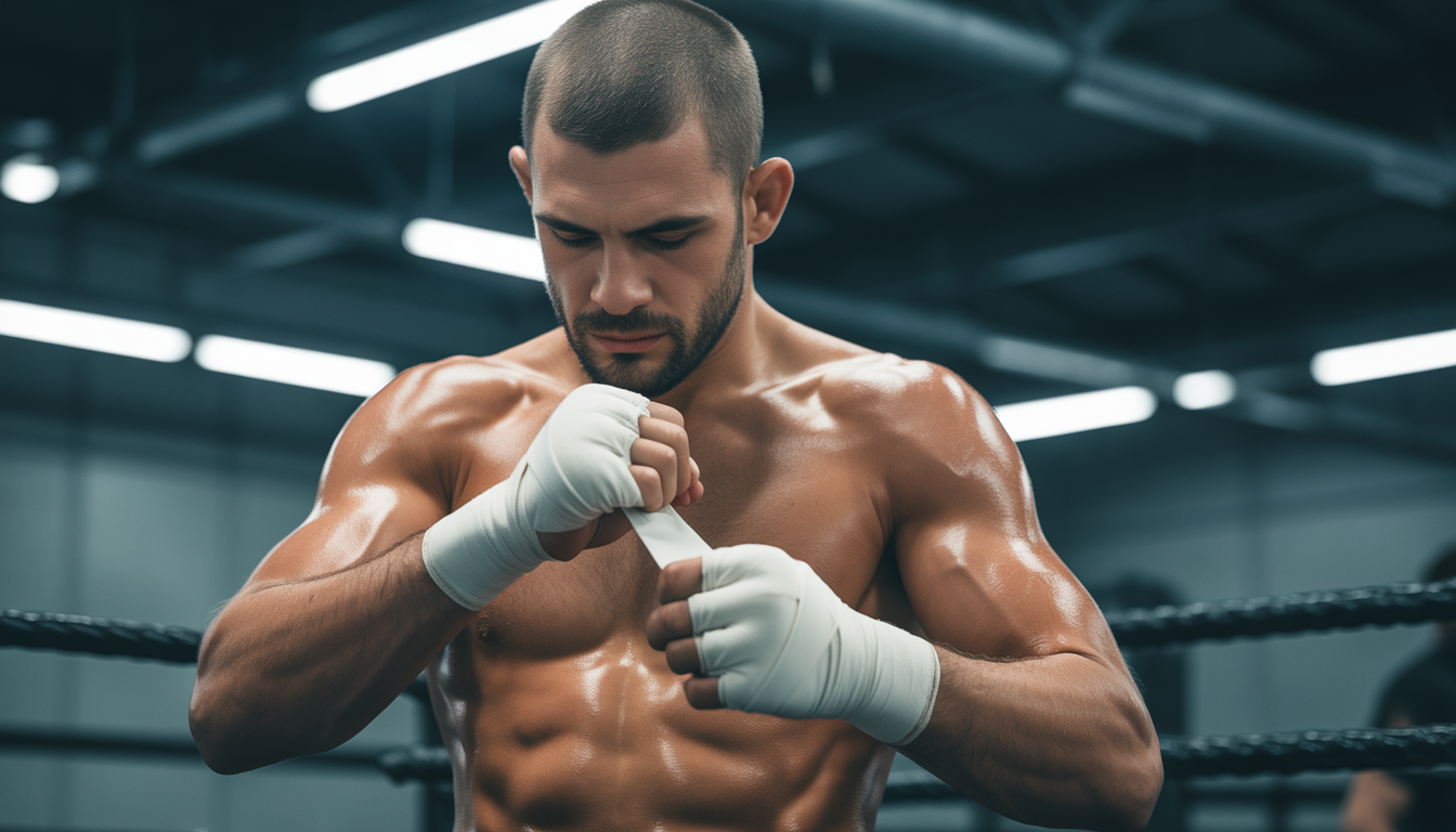 MMA fighter wrapping hands with tape under intense gym lighting