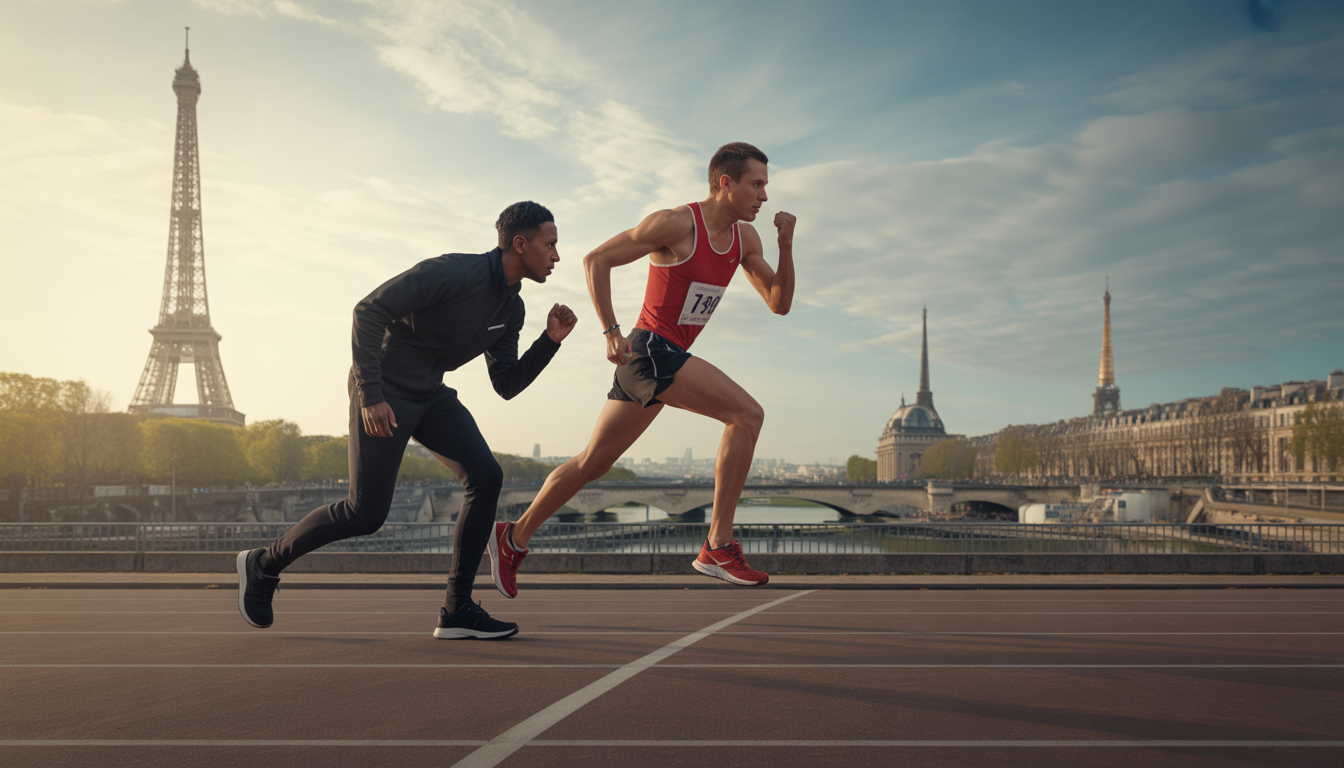 Entraîneur sportif encourageant un coureur devant la Tour Eiffel