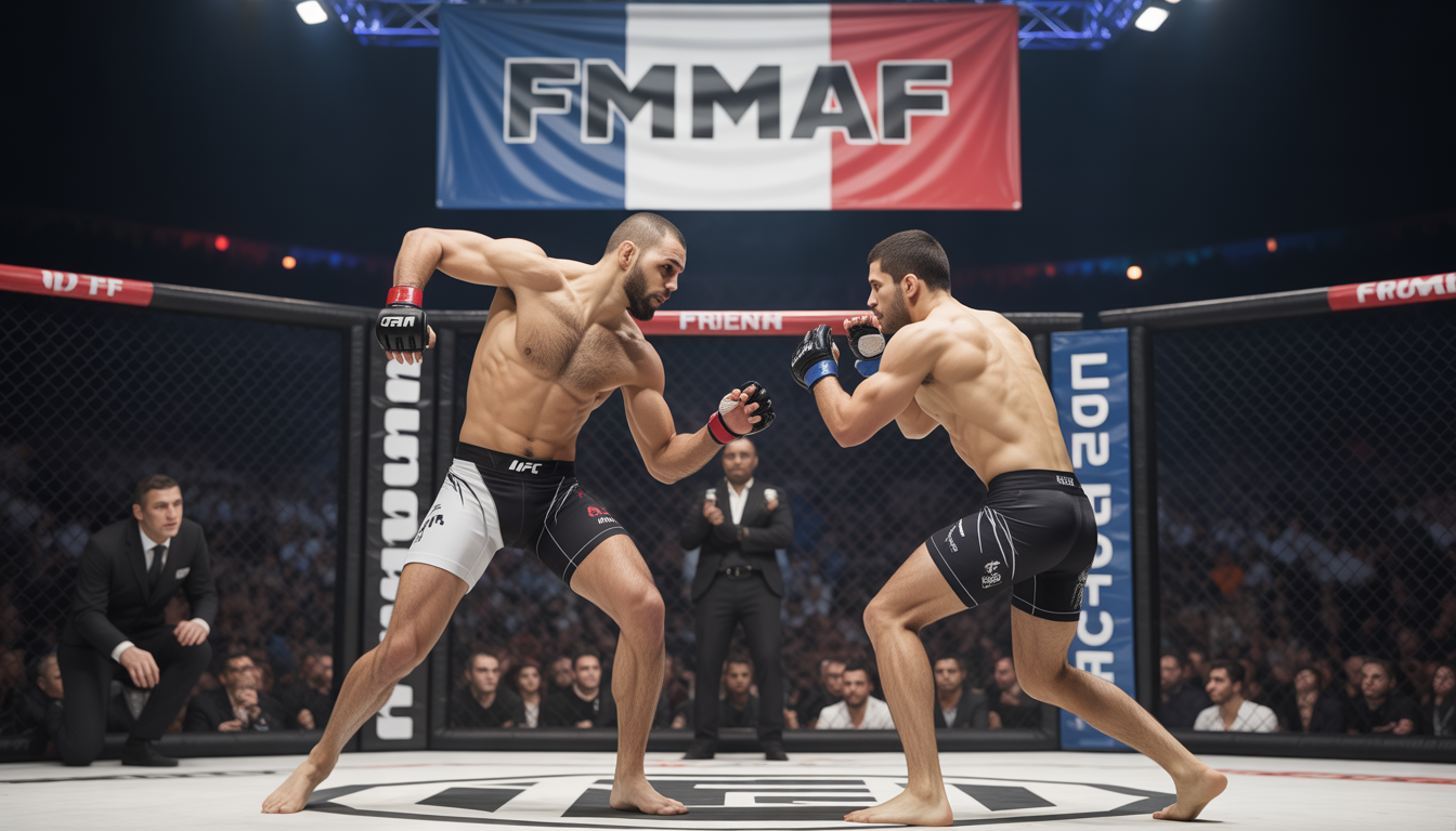 Combattants MMA français dans une cage lors d'une compétition officielle avec foule et bannière FMMAF