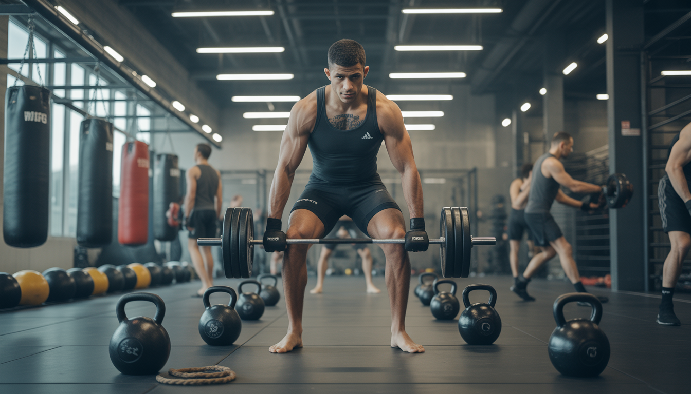 Combattant MMA soulevant des poids dans une salle de sport moderne à Paris