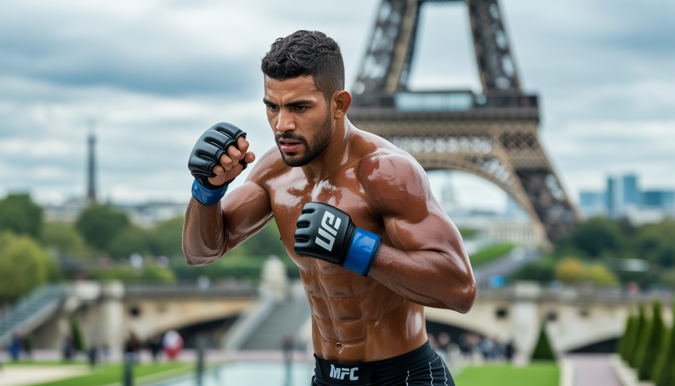 MMA fighter training outdoors in Paris with Eiffel Tower blurred in background