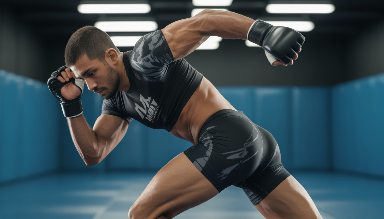 Photorealistic image of MMA athlete in motion during training