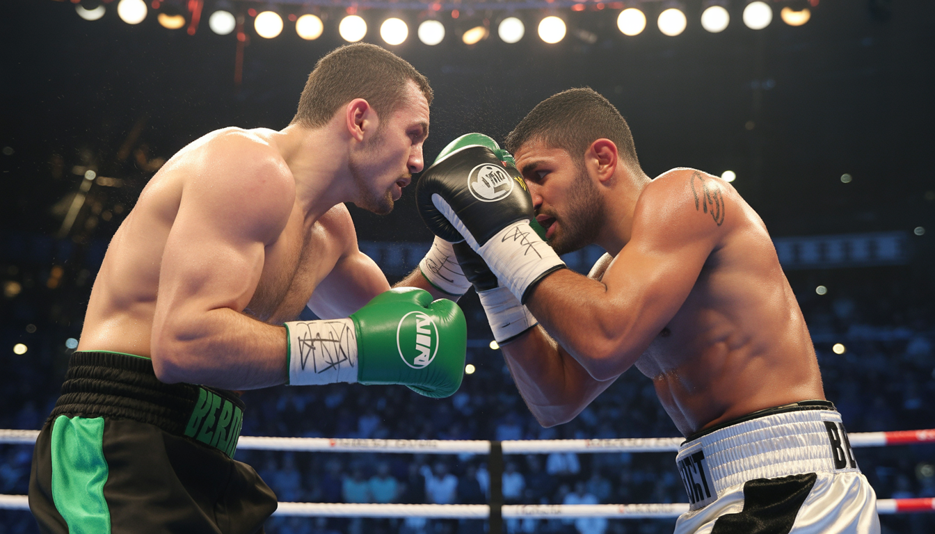 Deux boxeurs en plein combat sur un ring éclairé à Paris