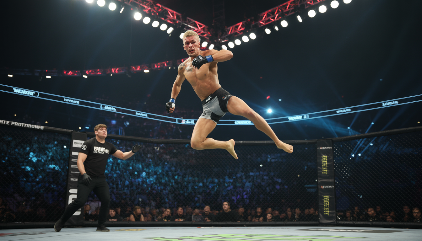 MMA fighter airborne during intense move with crowd in arena