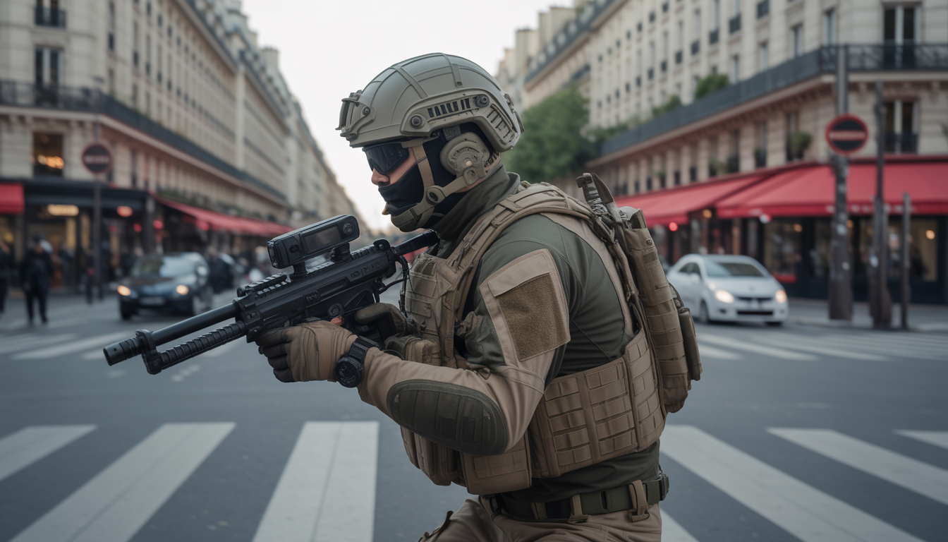 Soldat tactique équipé Agilite en mouvement dans une rue parisienne