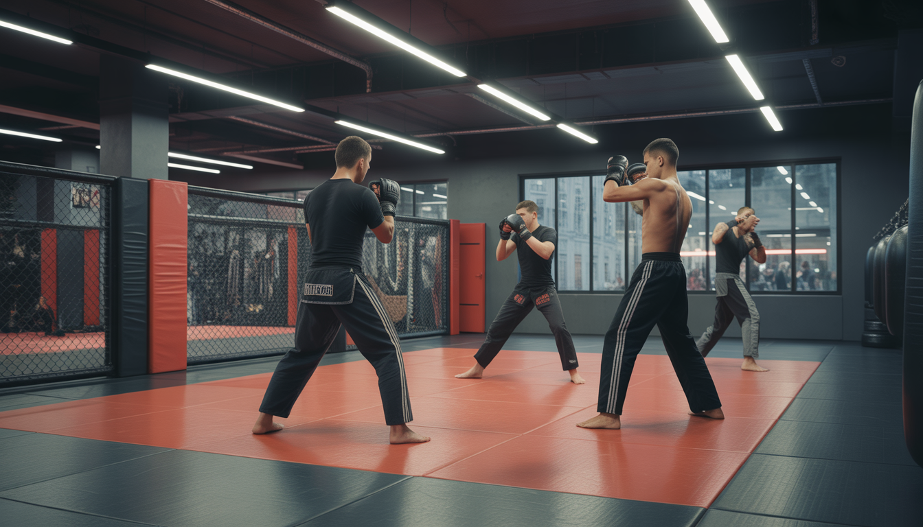 Athlètes s’entraînant au MMA et Muay Thai dans une salle moderne à Paris