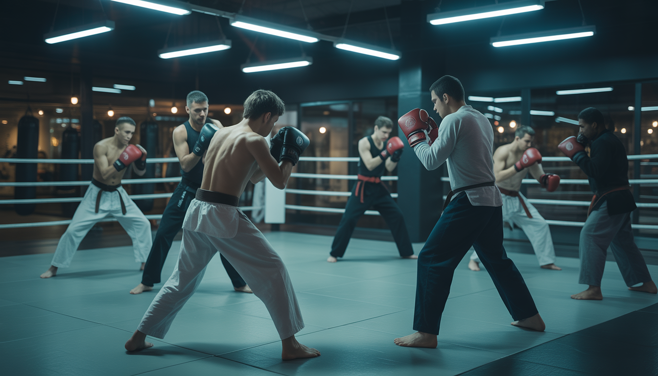 Pratiquants concentrés d'arts martiaux dans un dojo moderne la nuit