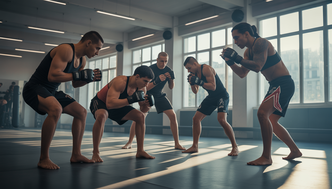 Athlètes de MMA s'entraînant dans une salle moderne à Paris