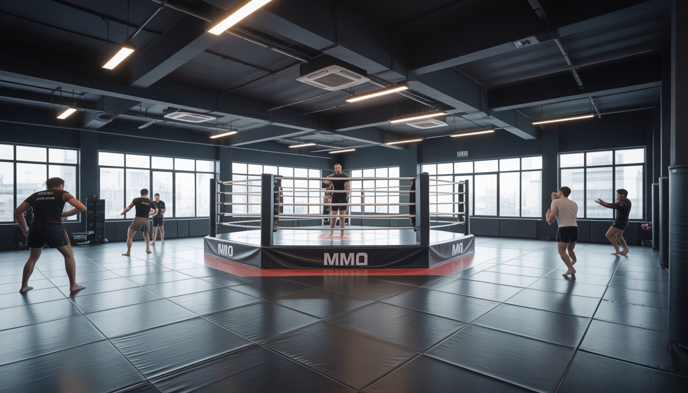 Salle de sport MMA à Paris avec ring, athlètes et lumière naturelle