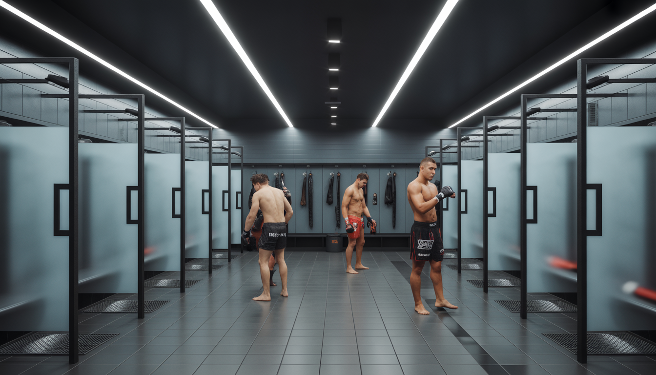 Vestiaire photoréaliste de MMA avec combattants et équipements