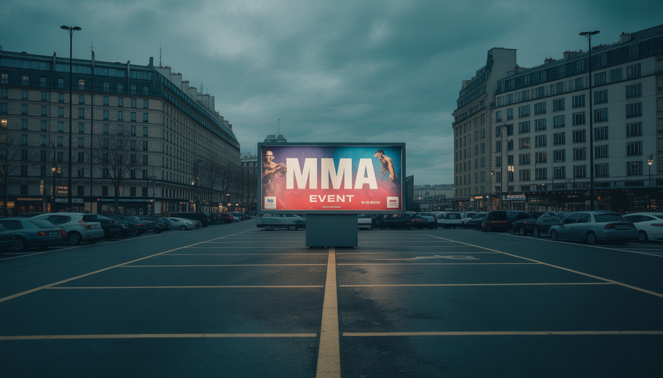 Parking vide à Paris 13 avec voitures et affiche MMA en soirée