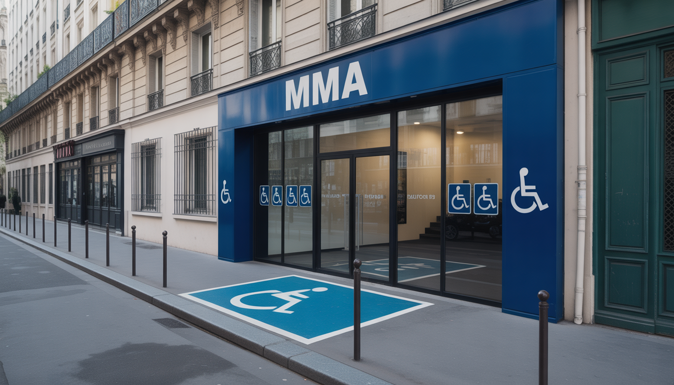 Façade d'une agence MMA à Paris avec rampe pour fauteuil roulant