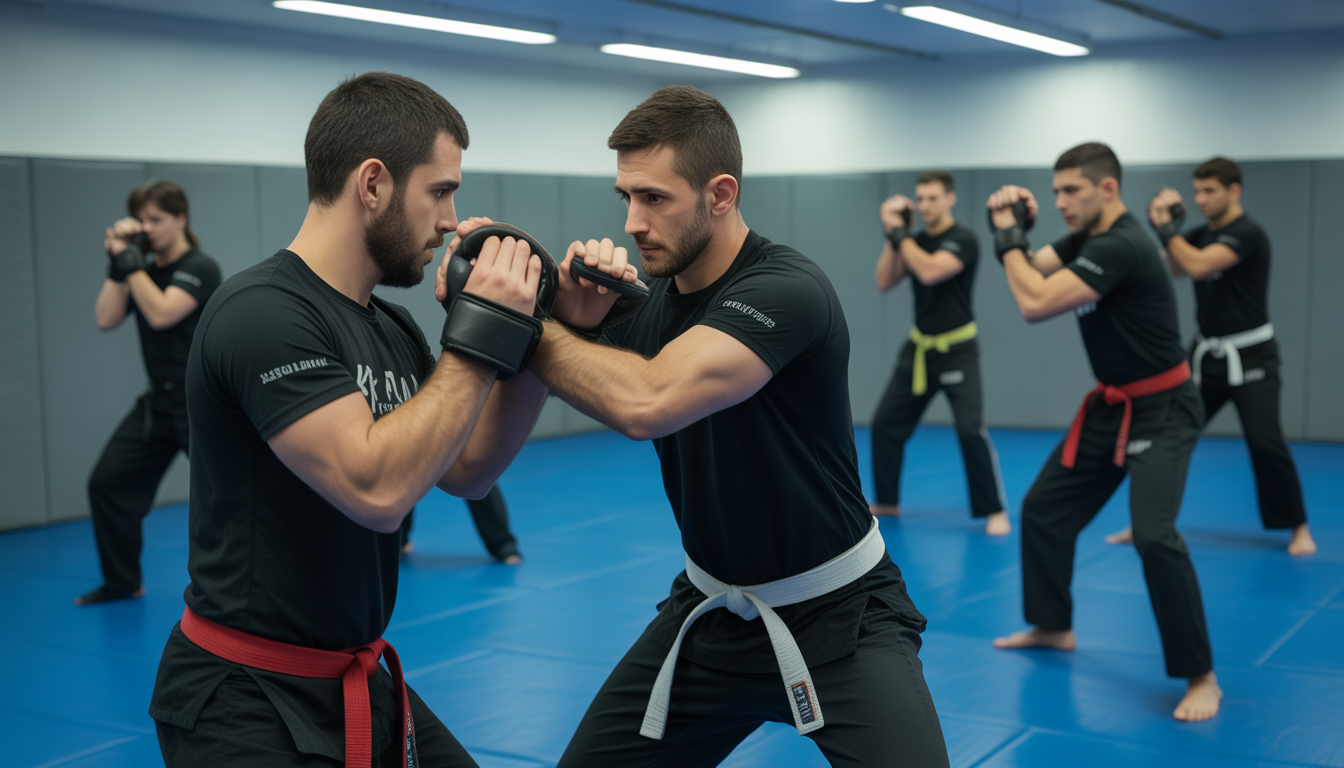 Entraînement de Krav Maga en groupe dans une salle moderne à Paris