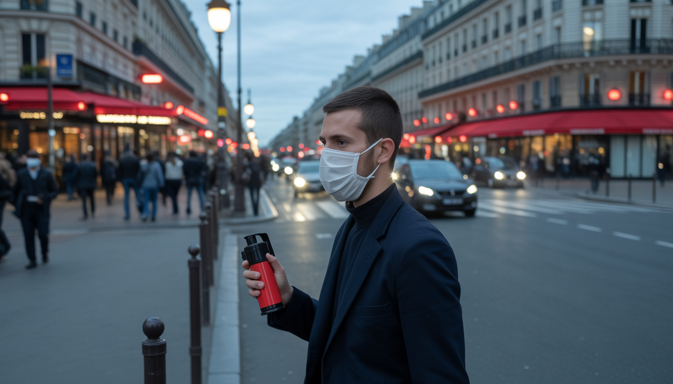 Personne portant un masque marchant sur un trottoir parisien animé avec un spray au poivre à la main