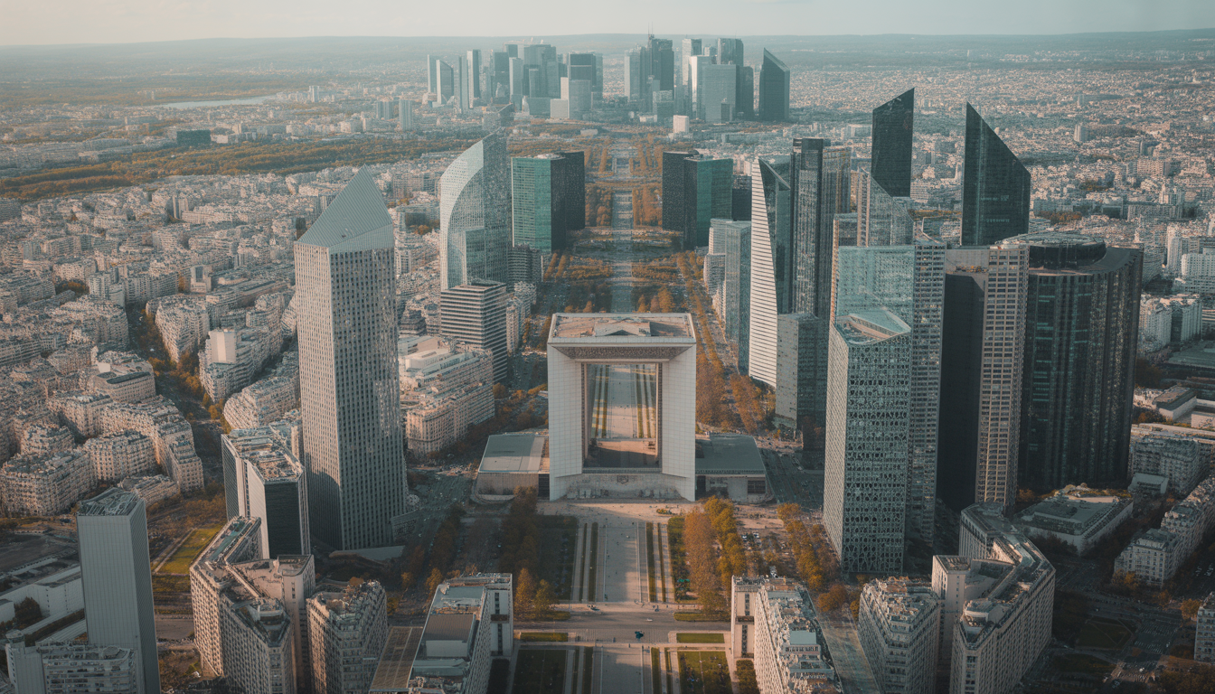Vue aérienne de La Défense avec gratte-ciel modernes et Grande Arche