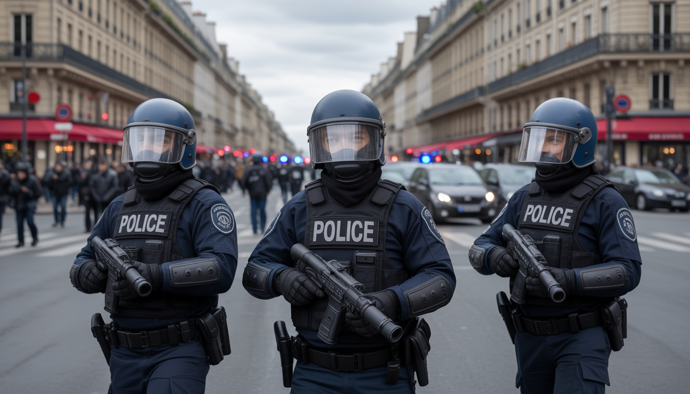 Riot police in protective gear walking through Paris streets with Haussmannian buildings in background