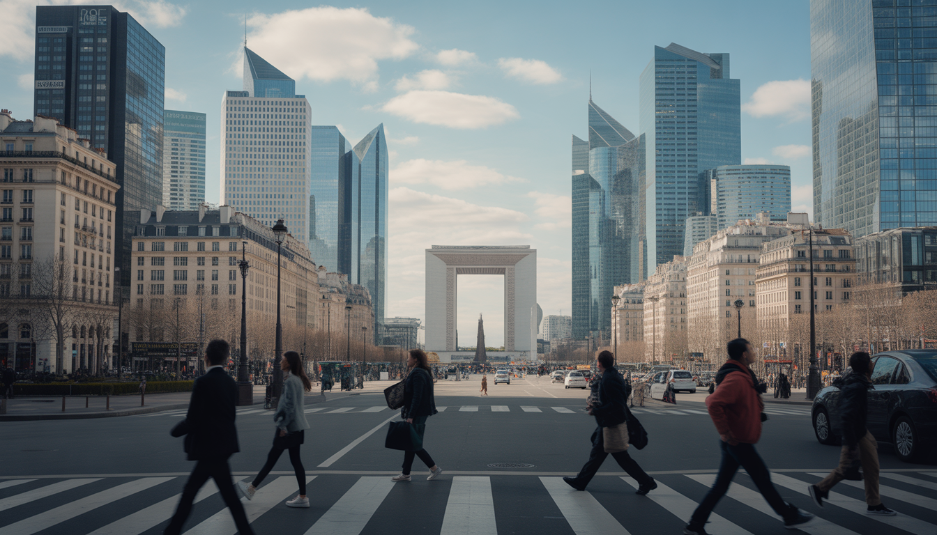 Scène urbaine photoréaliste à La Défense avec piétons et gratte-ciel