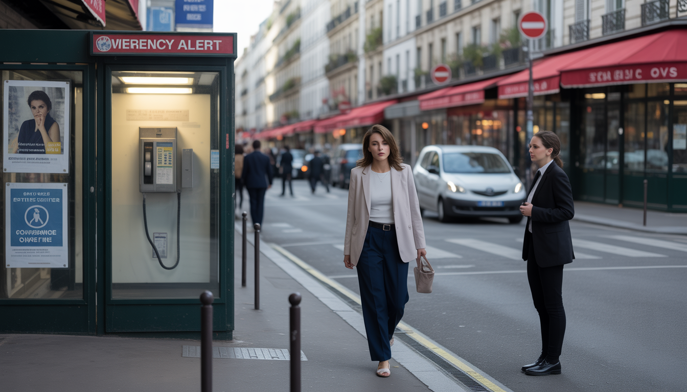 Photorealistic image of a Parisian woman walking past a social worker near an emergency alert phone in a city street