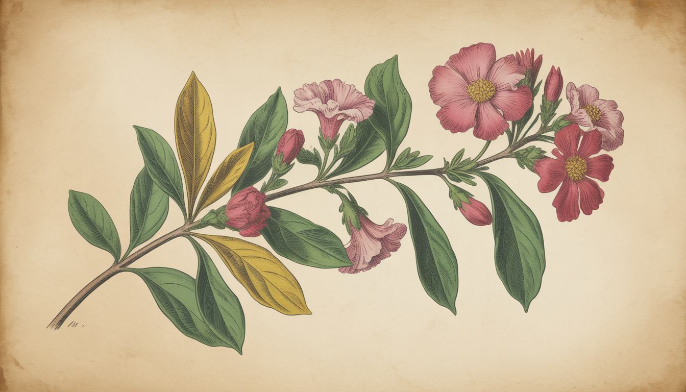 Hand-colored vintage botanical branch on parchment background
