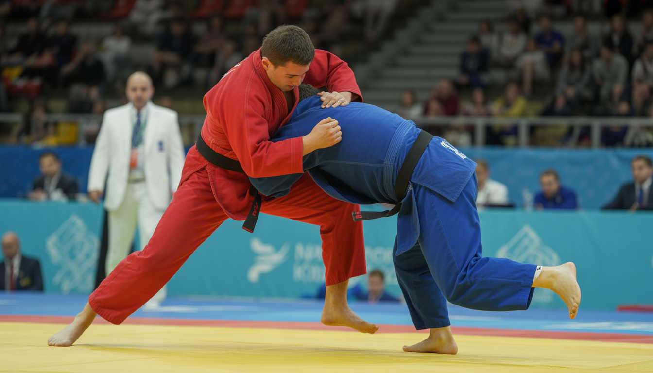 Deux athlètes de sambo en uniforme rouge et bleu luttant sur un tatami